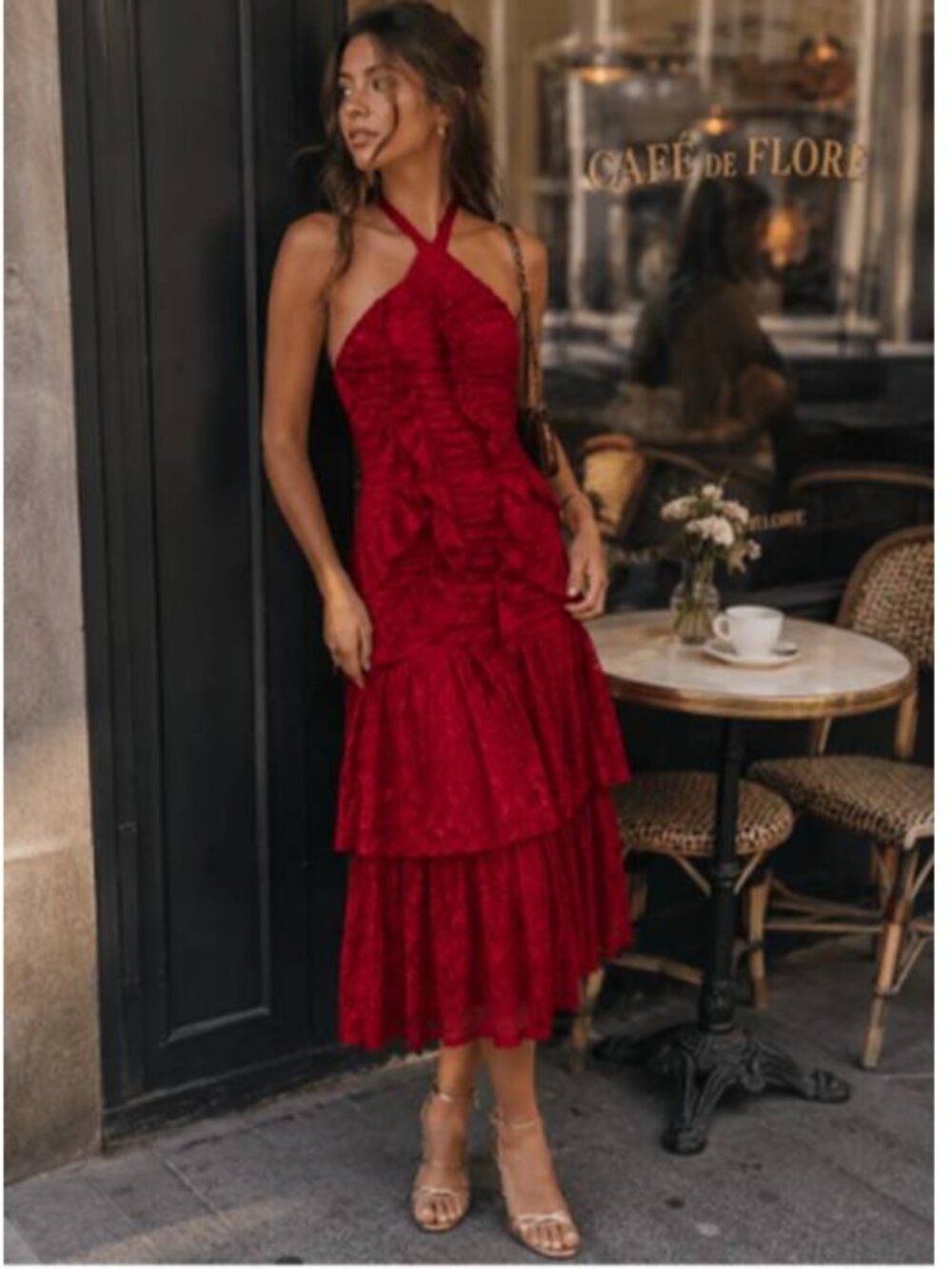 Womens Ruffle Ruched Lace Elegant Maxi Dress Halter Open Back Cocktail Party Red